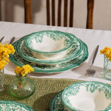 Set de veselă 24 piese, alb/verde, porțelan