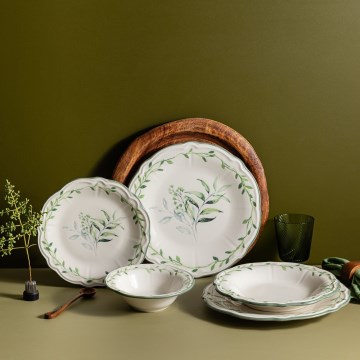 Set de veselă 24 piese alb/verde/porțelan