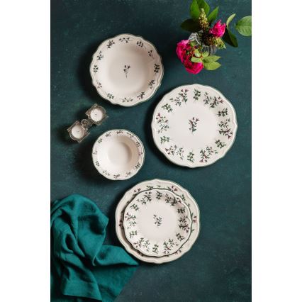 Set de veselă 24 piese, alb/verde/roșu, porțelan