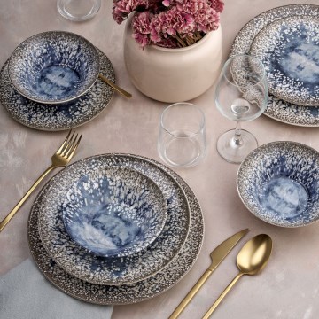 Set de veselă 24 piese albastru/maro/ceramică