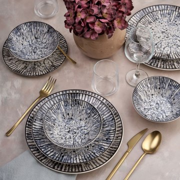 Set de veselă, 24 piese, albastru/negru/ceramică