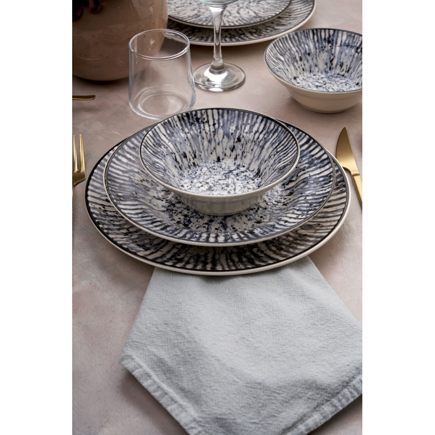 Set de veselă, 24 piese, albastru/negru/ceramică
