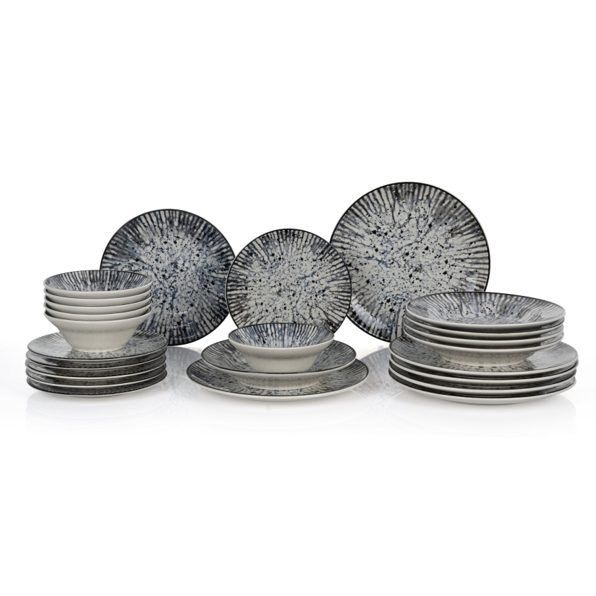 Set de veselă, 24 piese, albastru/negru/ceramică