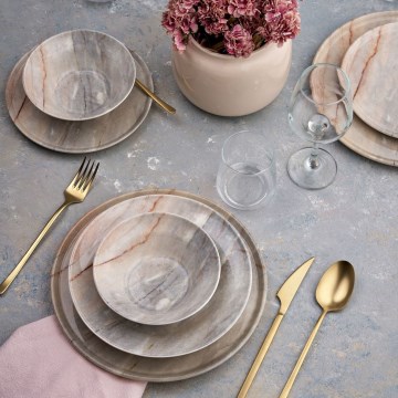 Set de veselă 24 piese, bej/gri, din ceramică