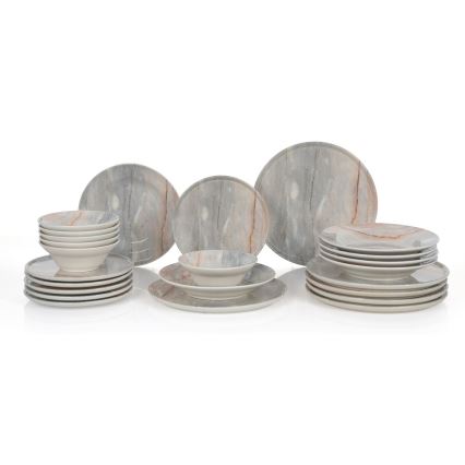 Set de veselă 24 piese, bej/gri, din ceramică