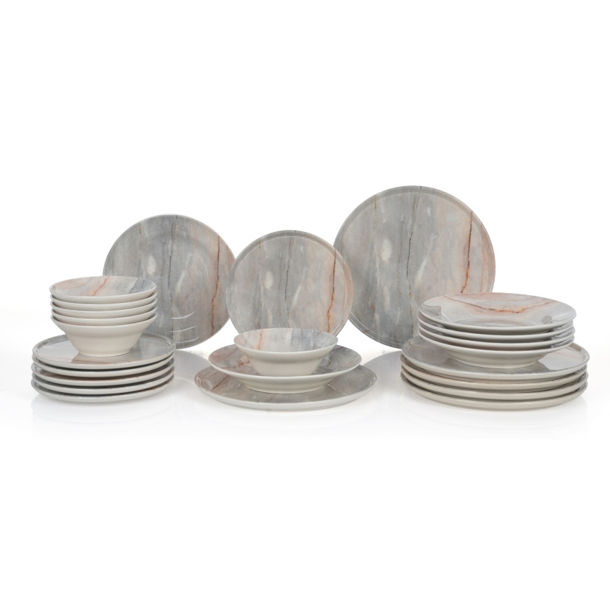 Set de veselă 24 piese, bej/gri, din ceramică