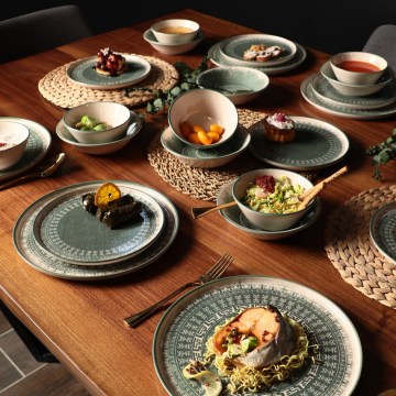 Set de veselă 24 piese, bej/verde, din ceramică stoneware