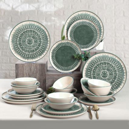 Set de veselă 24 piese, bej/verde, din ceramică stoneware