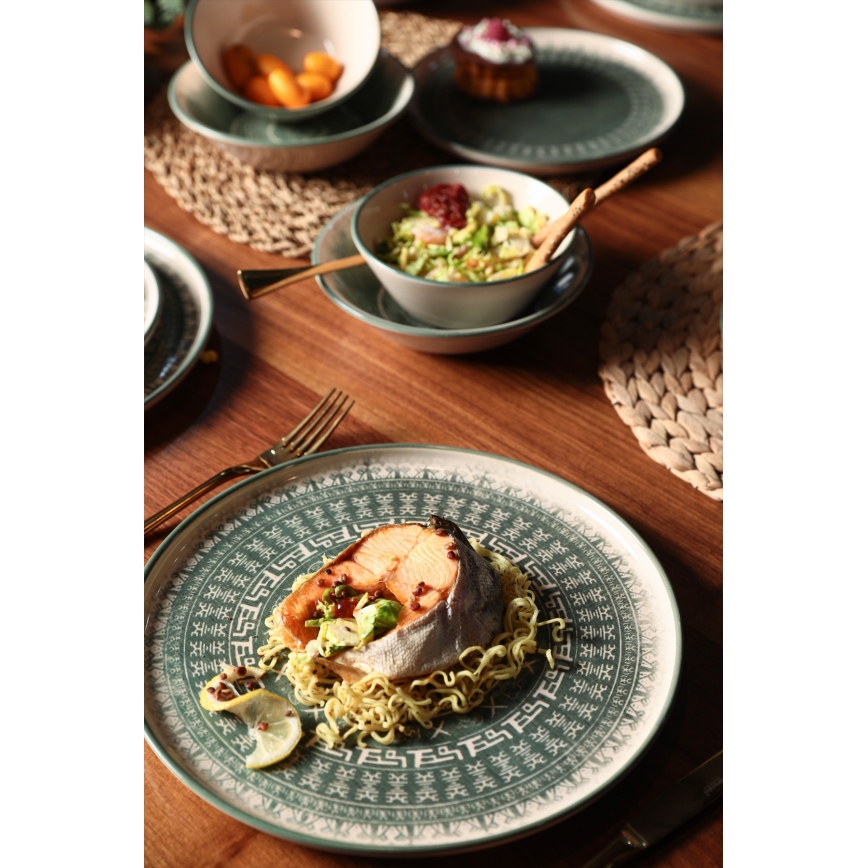 Set de veselă 24 piese, bej/verde, din ceramică stoneware