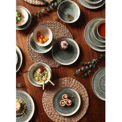 Set de veselă 24 piese, bej/verde, din ceramică stoneware