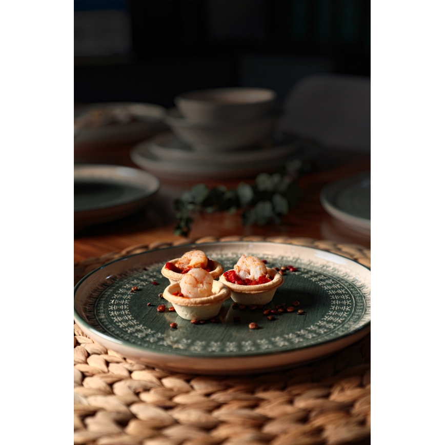 Set de veselă 24 piese, bej/verde, din ceramică stoneware