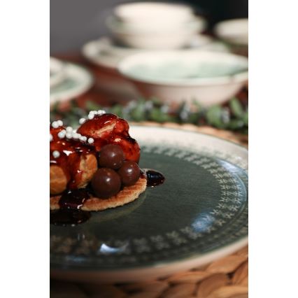 Set de veselă 24 piese, bej/verde, din ceramică stoneware