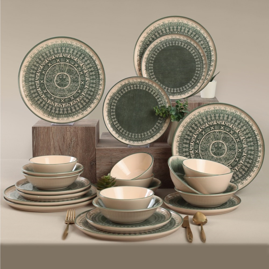 Set de veselă 24 piese, bej/verde, din ceramică stoneware