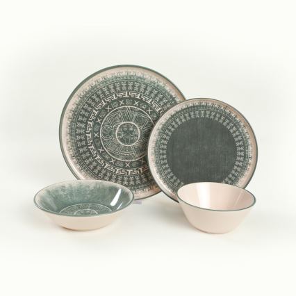 Set de veselă 24 piese, bej/verde, din ceramică stoneware