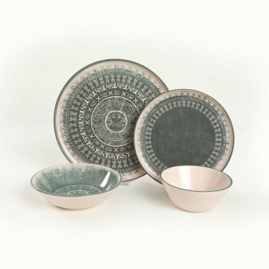 Set de veselă 24 piese, bej/verde, din ceramică stoneware