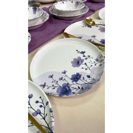 Set de veselă, 24 piese, ceramică, alb/mov