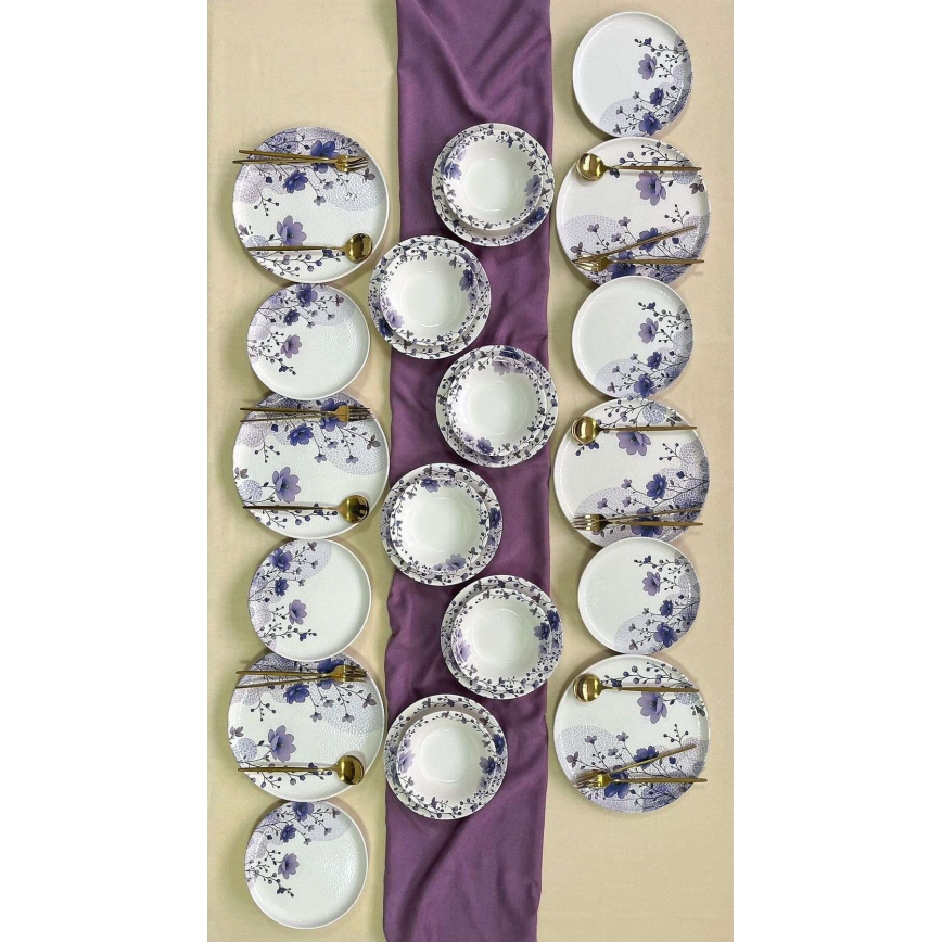 Set de veselă, 24 piese, ceramică, alb/mov