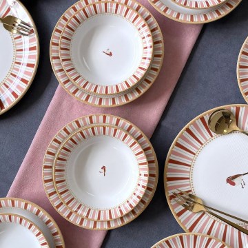 Set de veselă 24 piese, ceramică, alb/roșu/auriu