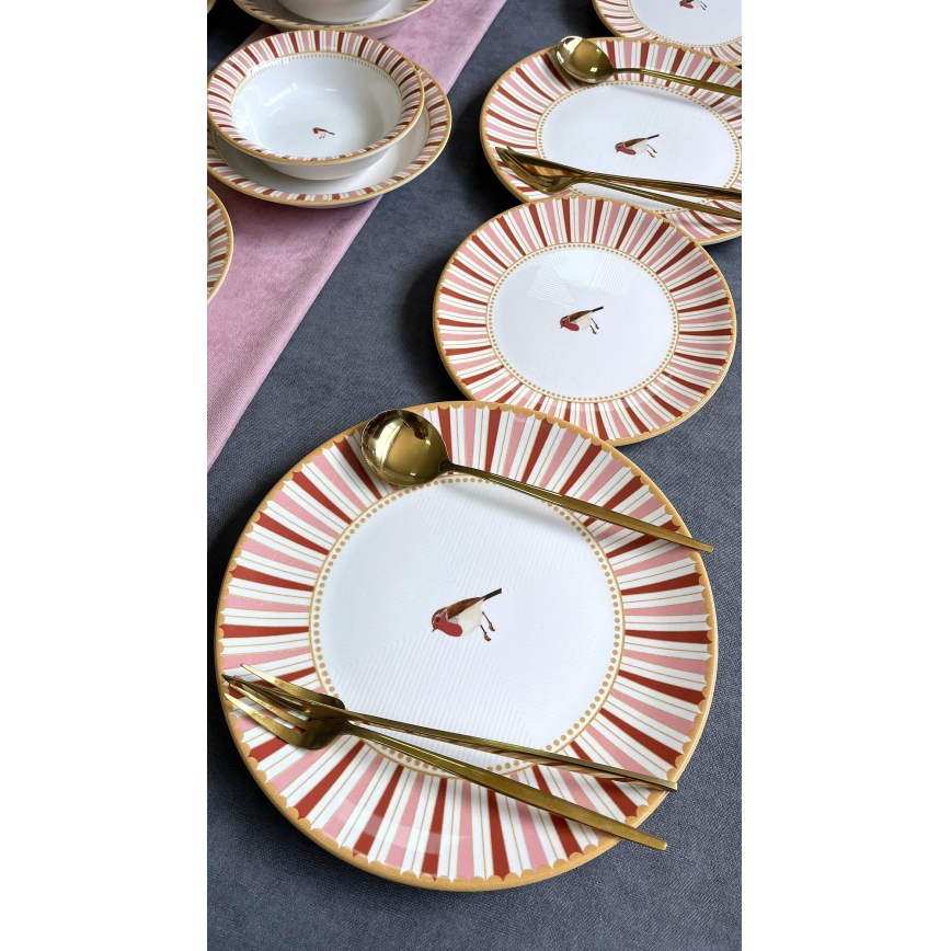 Set de veselă 24 piese, ceramică, alb/roșu/auriu