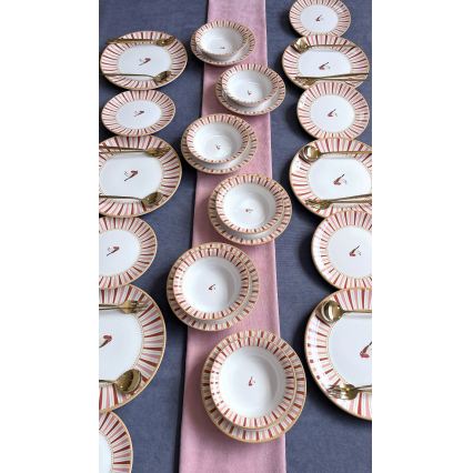 Set de veselă 24 piese, ceramică, alb/roșu/auriu