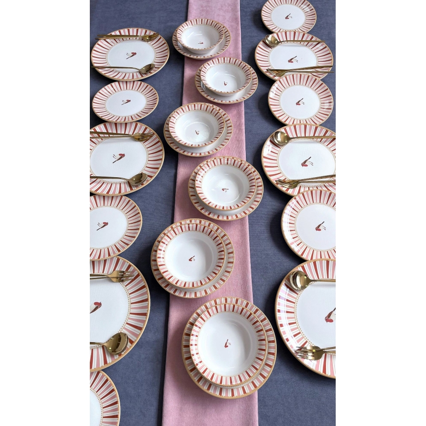 Set de veselă 24 piese, ceramică, alb/roșu/auriu