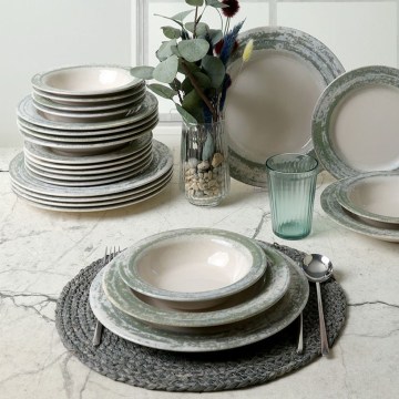 Set de veselă 24 piese, crem/verde, ceramică
