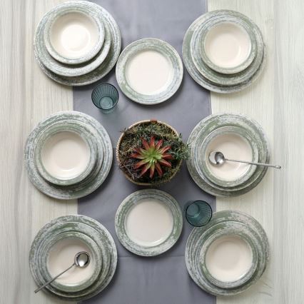 Set de veselă 24 piese, crem/verde, ceramică