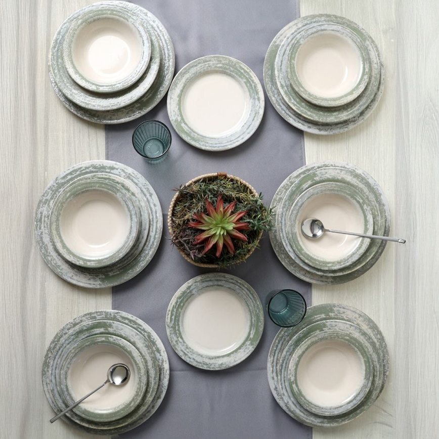 Set de veselă 24 piese, crem/verde, ceramică