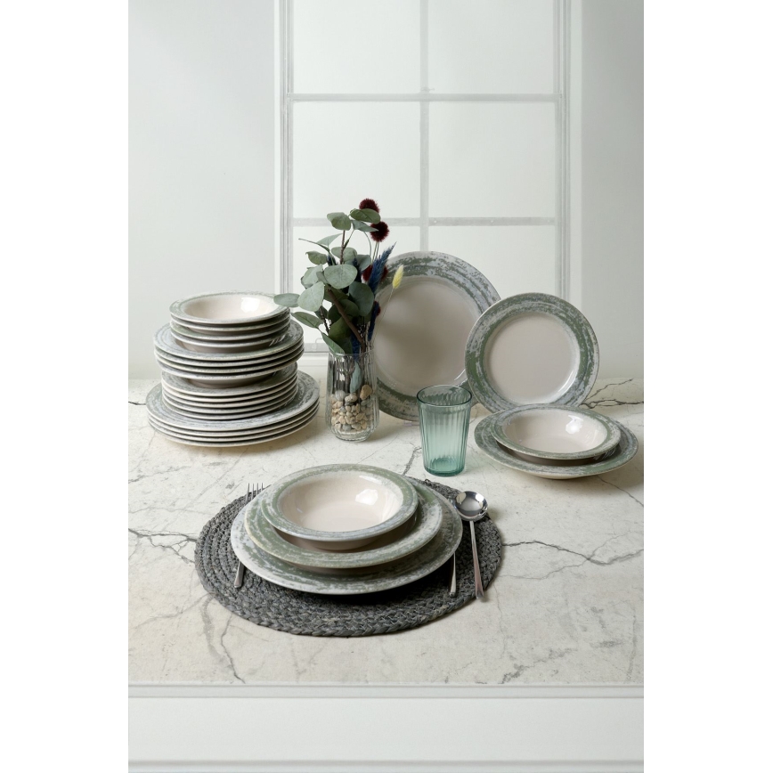 Set de veselă 24 piese, crem/verde, ceramică