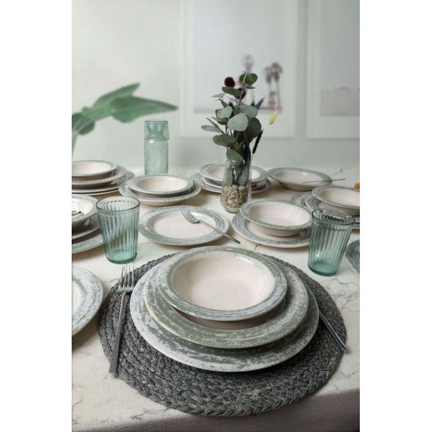 Set de veselă 24 piese, crem/verde, ceramică