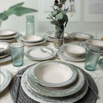 Set de veselă 24 piese, crem/verde, ceramică