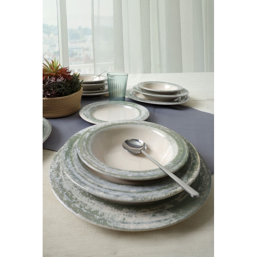 Set de veselă 24 piese, crem/verde, ceramică