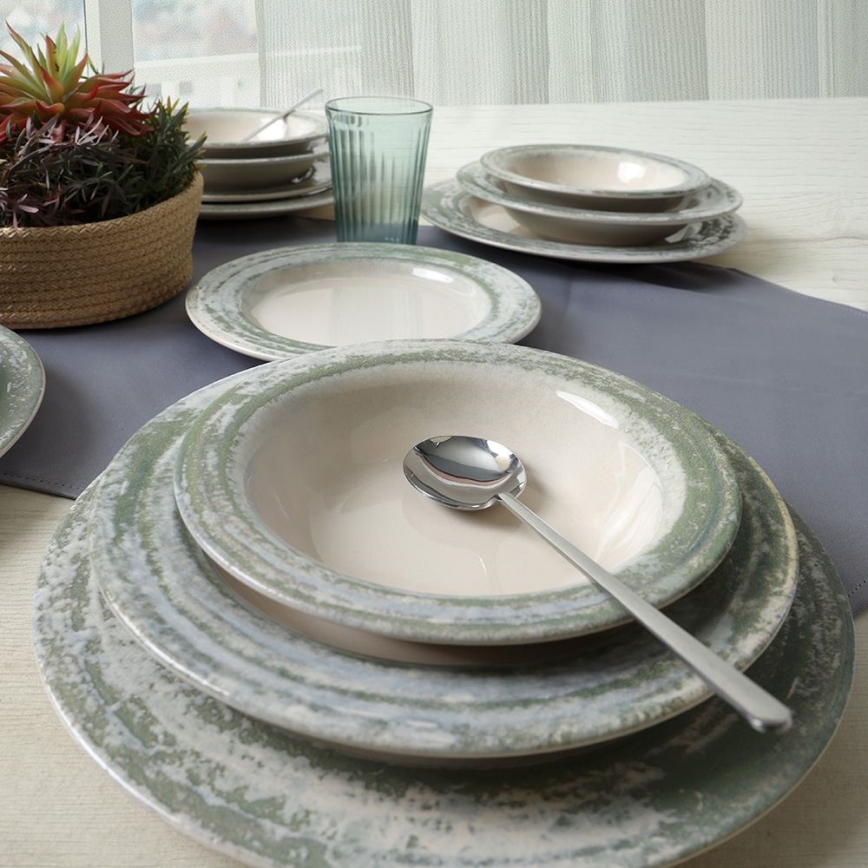 Set de veselă 24 piese, crem/verde, ceramică