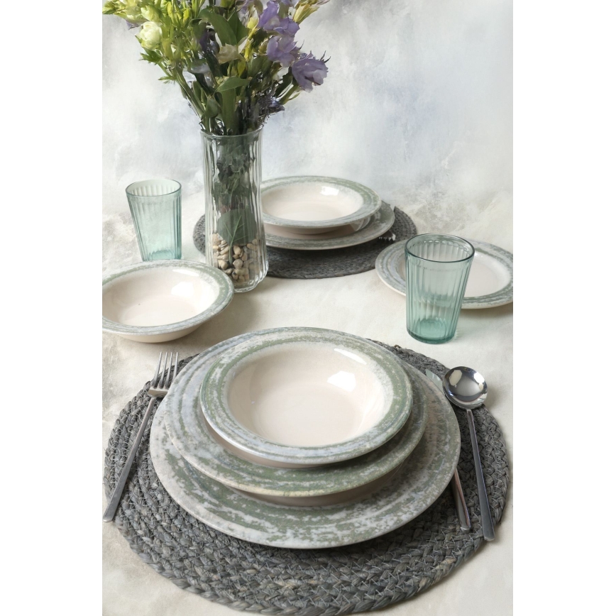 Set de veselă 24 piese, crem/verde, ceramică