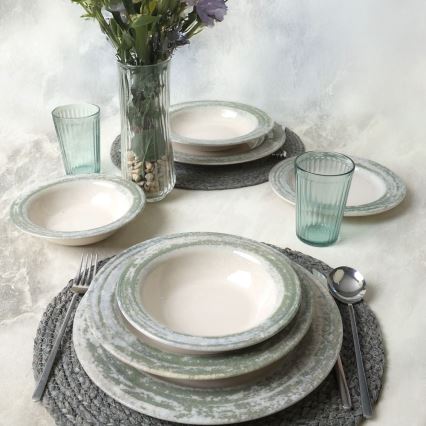 Set de veselă 24 piese, crem/verde, ceramică