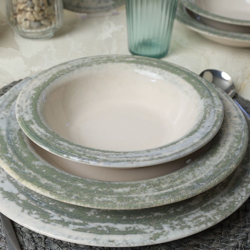 Set de veselă 24 piese, crem/verde, ceramică