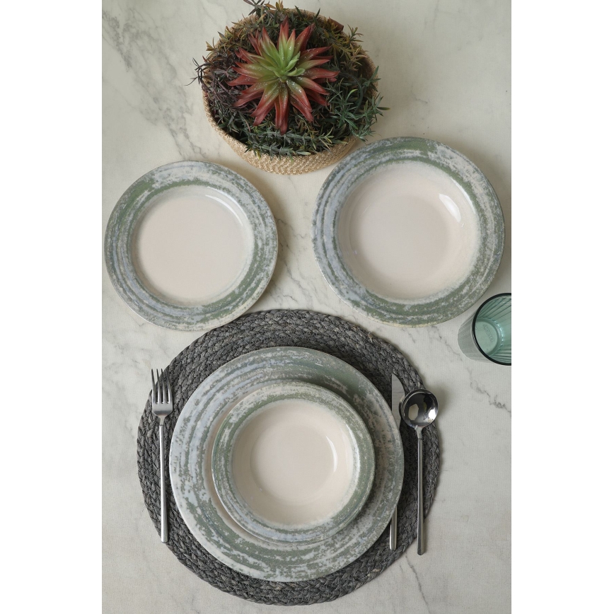 Set de veselă 24 piese, crem/verde, ceramică