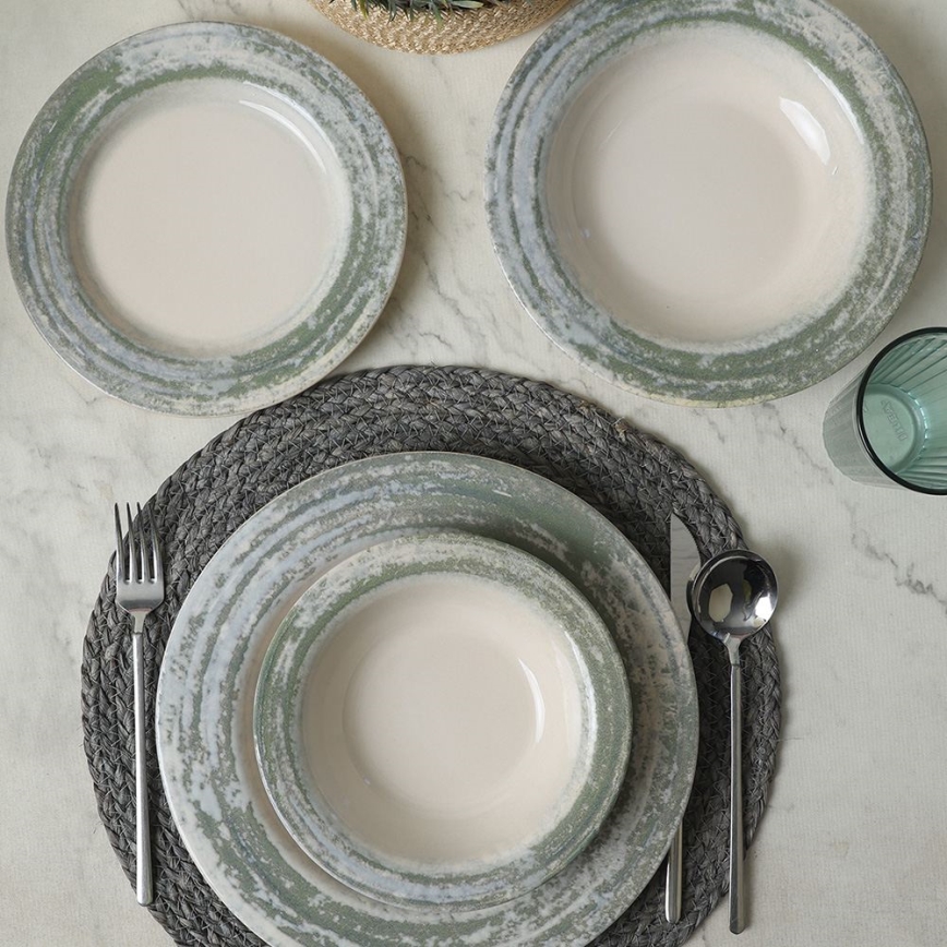 Set de veselă 24 piese, crem/verde, ceramică