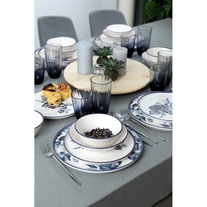 Set de veselă, 24 piese, din ceramică, alb/albastru