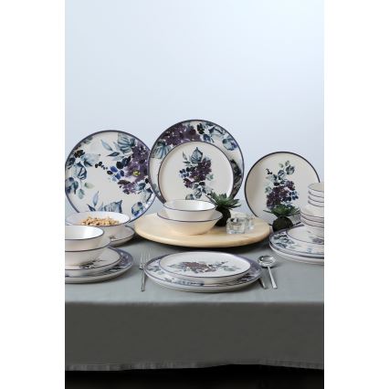 Set de veselă, 24 piese, din ceramică, alb/albastru