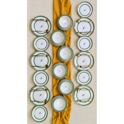 Set de veselă 24 piese din ceramică, alb/verde/auriu