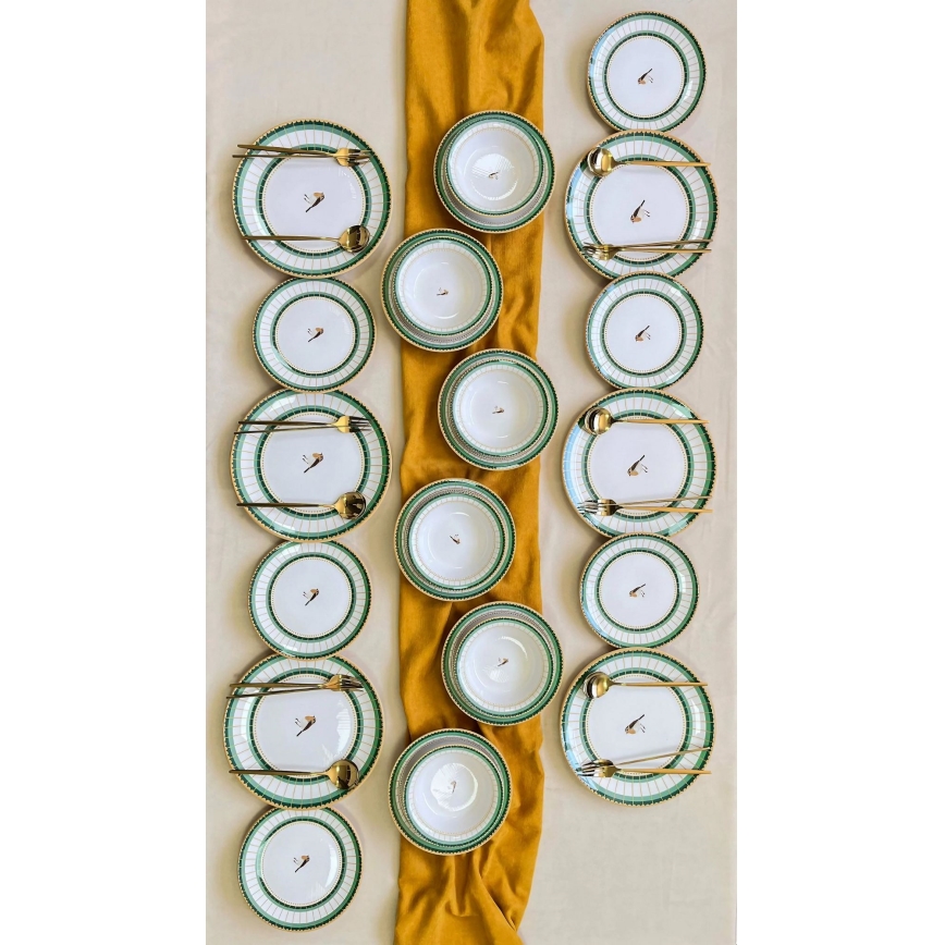 Set de veselă 24 piese din ceramică, alb/verde/auriu
