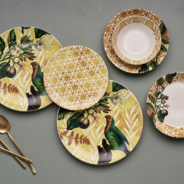 Set de veselă, 24 piese, din ceramică, galben/verde/alb