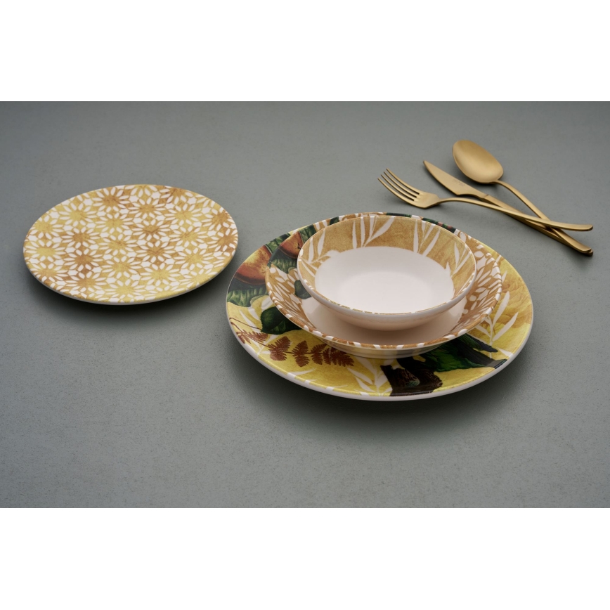 Set de veselă, 24 piese, din ceramică, galben/verde/alb