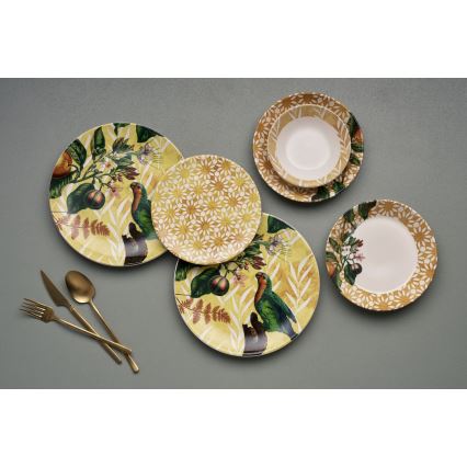Set de veselă, 24 piese, din ceramică, galben/verde/alb