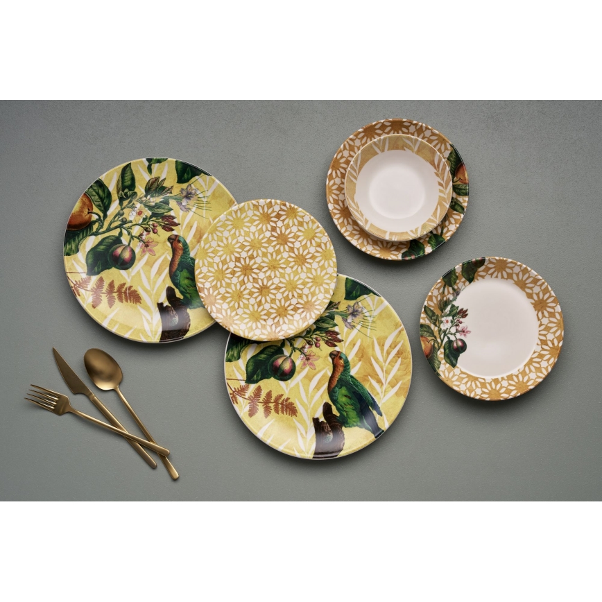 Set de veselă, 24 piese, din ceramică, galben/verde/alb