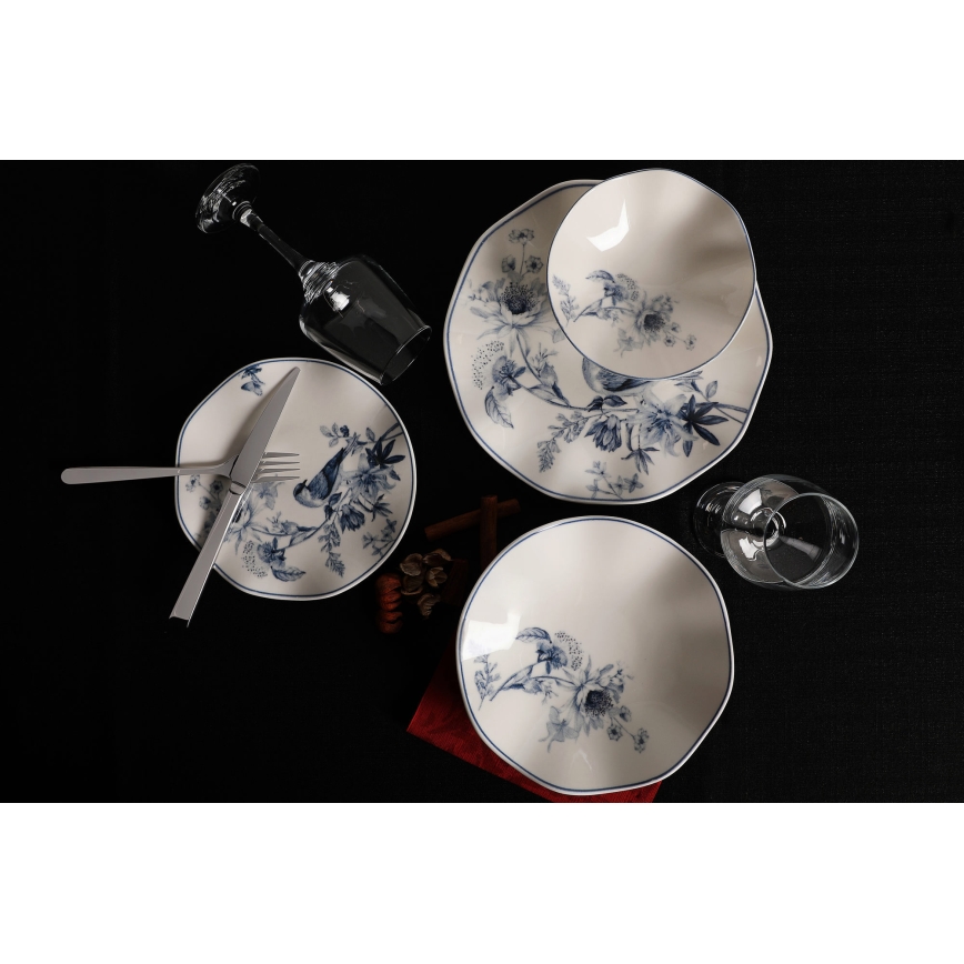 Set de veselă 24 piese din porțelan, alb/albastru