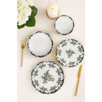 Set de veselă 24 piese din porțelan, alb/verde