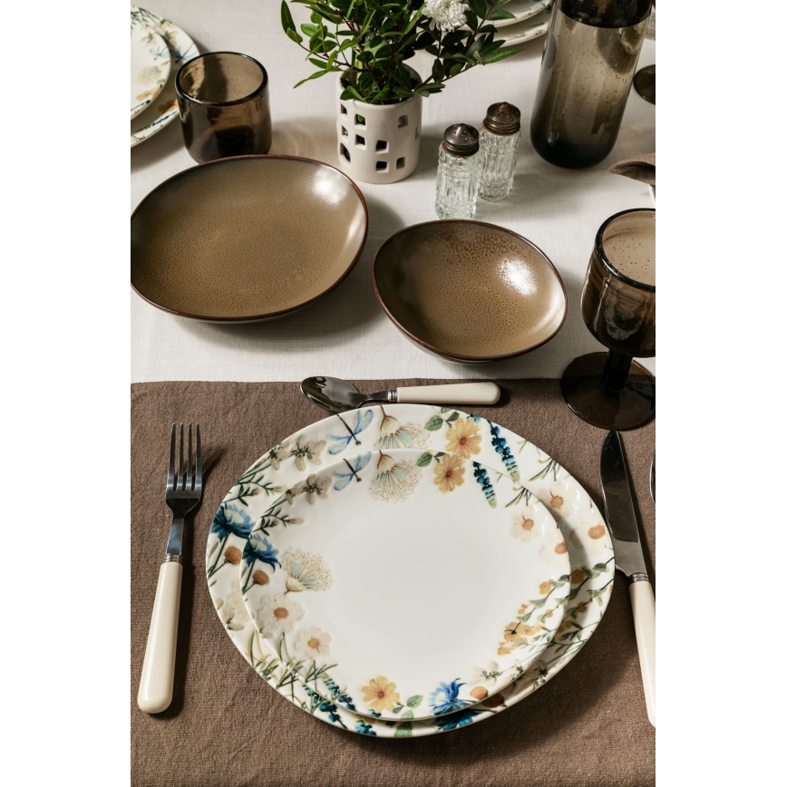 Set de veselă 24 piese multicolor/maro/porțelan