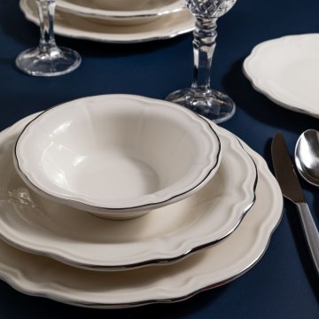 Set de veselă 24 piese, porțelan alb cu finisaj argintiu